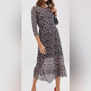 ASOS New Look Mesh Floral MIDI 3/4 sleeve Dress with Ruffle Hem Size 8